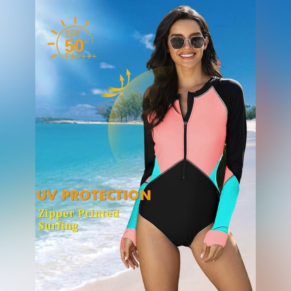 SELINK Pink Long Sleeve Rash Guard UV Protection Zipper 1pc Surf Swimsuit Small - Picture 3 of 9